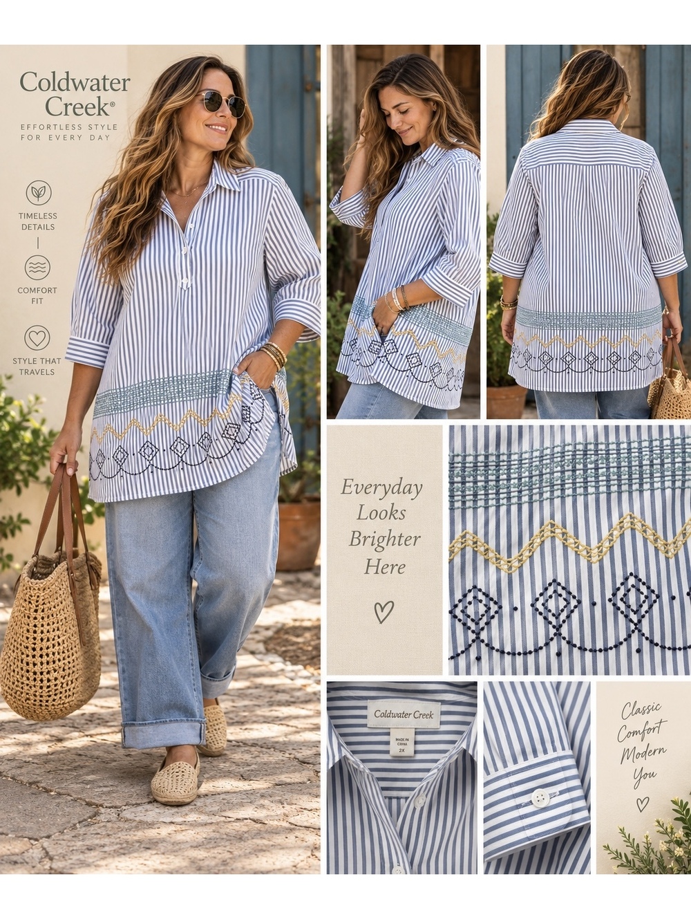 Coldwater Creek Women's Blue and White Striped Button-Up Tunic with Embroidered